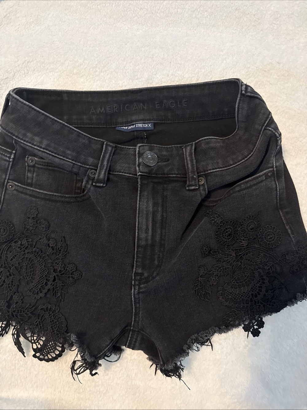 American Eagle Outfitters Black Denim Lace-Trim Cutoff Shorts - Picture 4 of 5